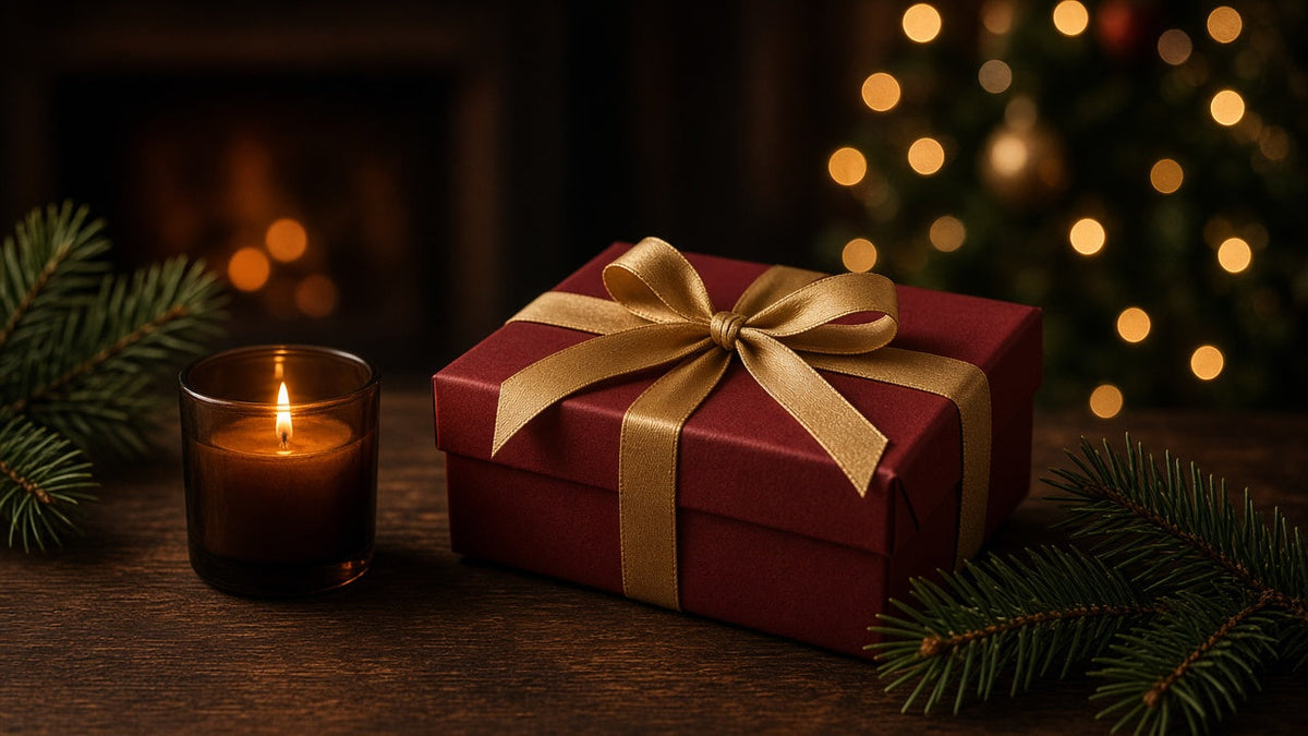Caja de regalo granate con lazo dorado, vela encendida y ramas de abeto, para la guía de regalos eróticos para él en Navidad y Reyes