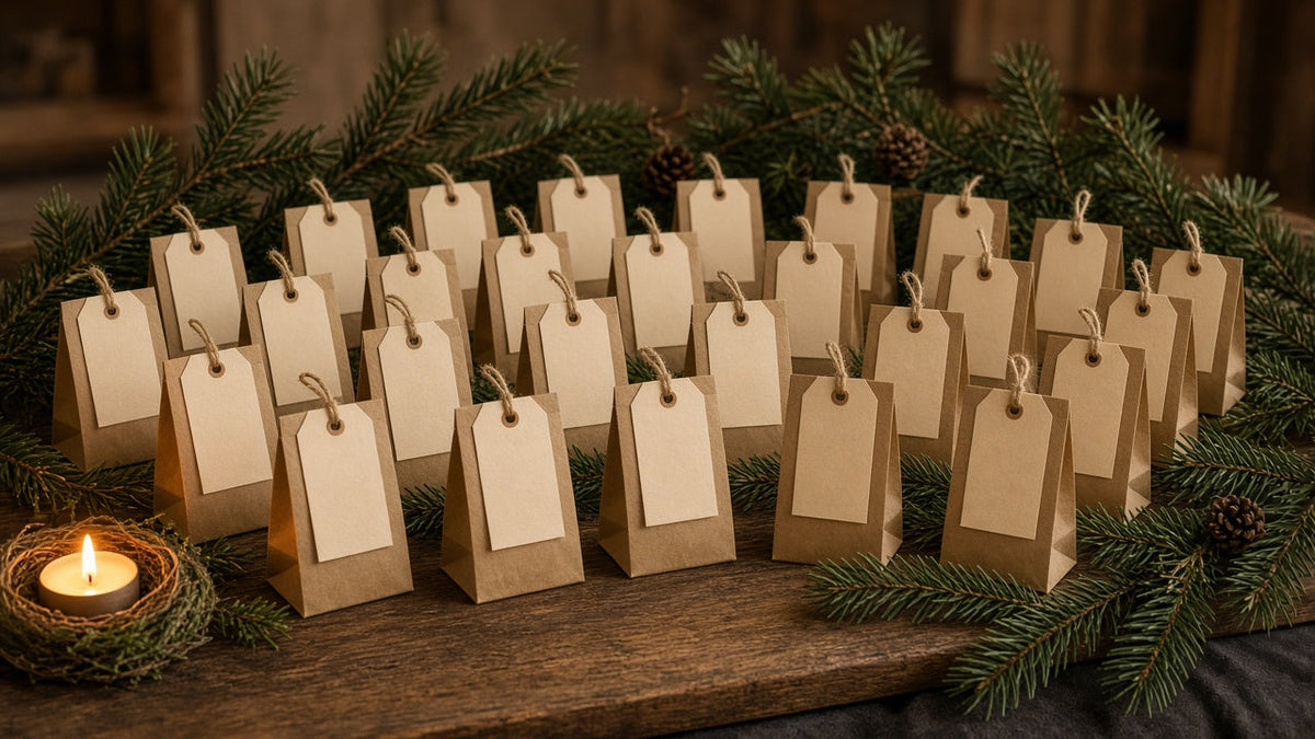 Calendario de adviento casero con bolsitas de papel kraft, ramas de abeto y una vela