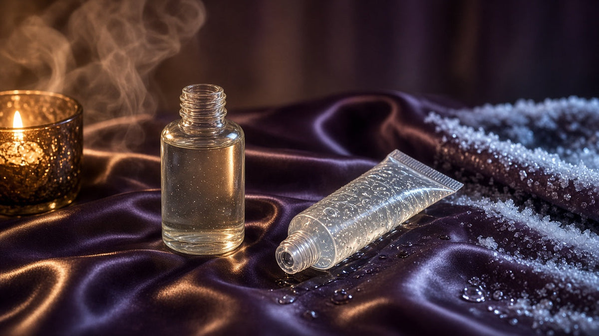 Frasco y tubo de gel íntimo entre una vela cálida y hielo, para la guía de geles con efecto calor y frío