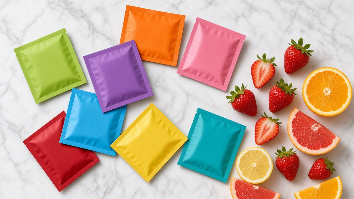 Preservativos de sabores en envoltorios de colores junto a fruta fresca