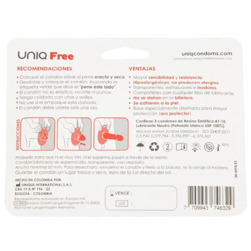 UNIQ - FREE PRESERVATIVOS CON ARO PROTECTOR SIN LATEX 3 UNIDADES - Noctiva