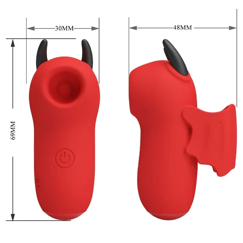Estimulador rojo con forma de conejo; medidas en esquema
