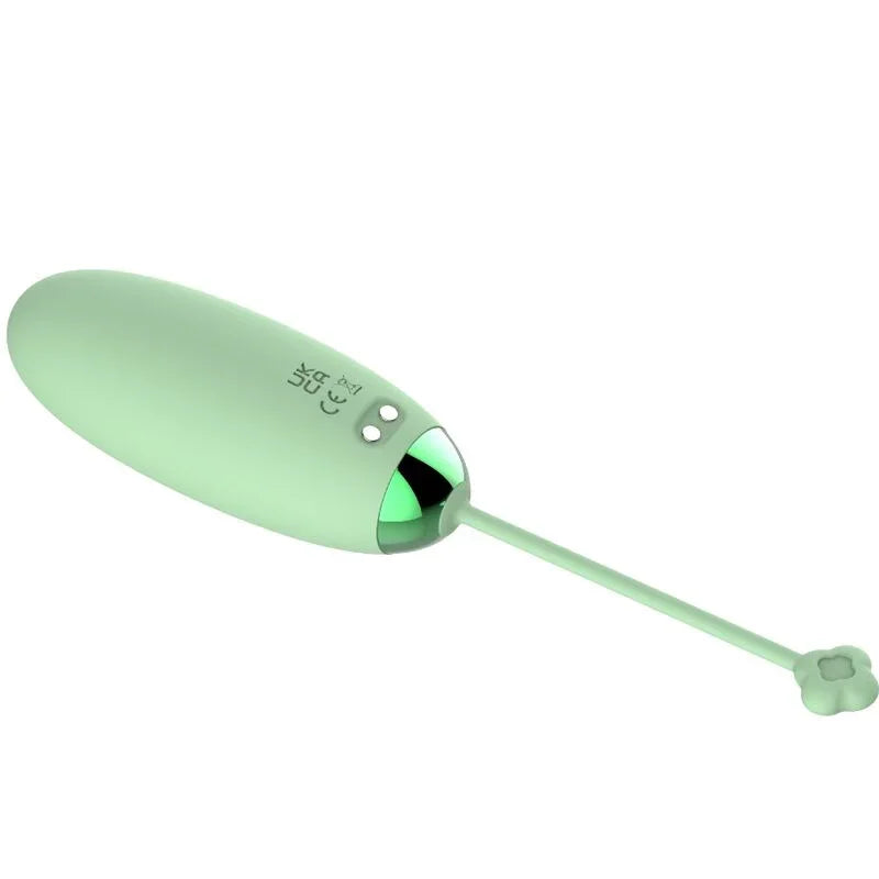Huevo vibrador verde menta con luz indicadora LED en el extremo y varilla con colita
