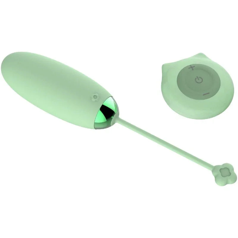 Huevo vibrador verde menta con control remoto circular, botones de encendido y modo