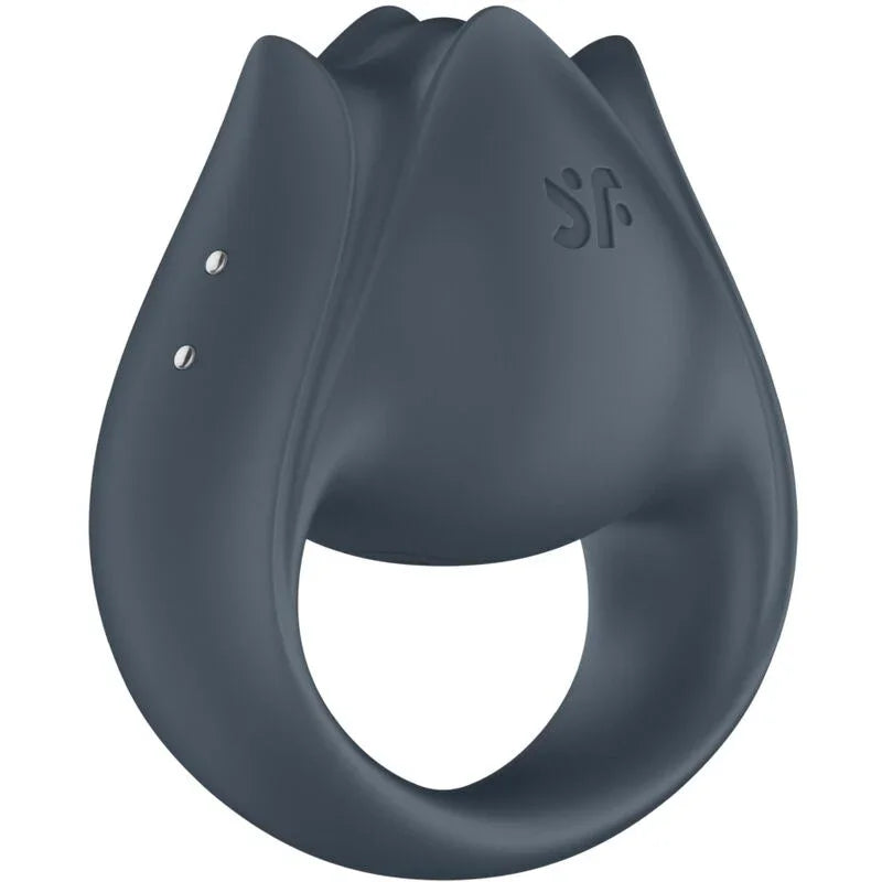 Anillo vibrador de silicona gris con logo y dos marcas luminosas laterales