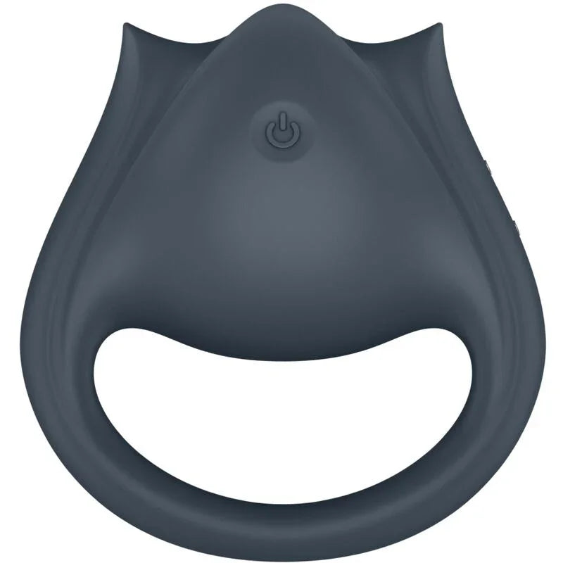 Anillo vibrador gris para pene con símbolo de encendido en la parte superior
