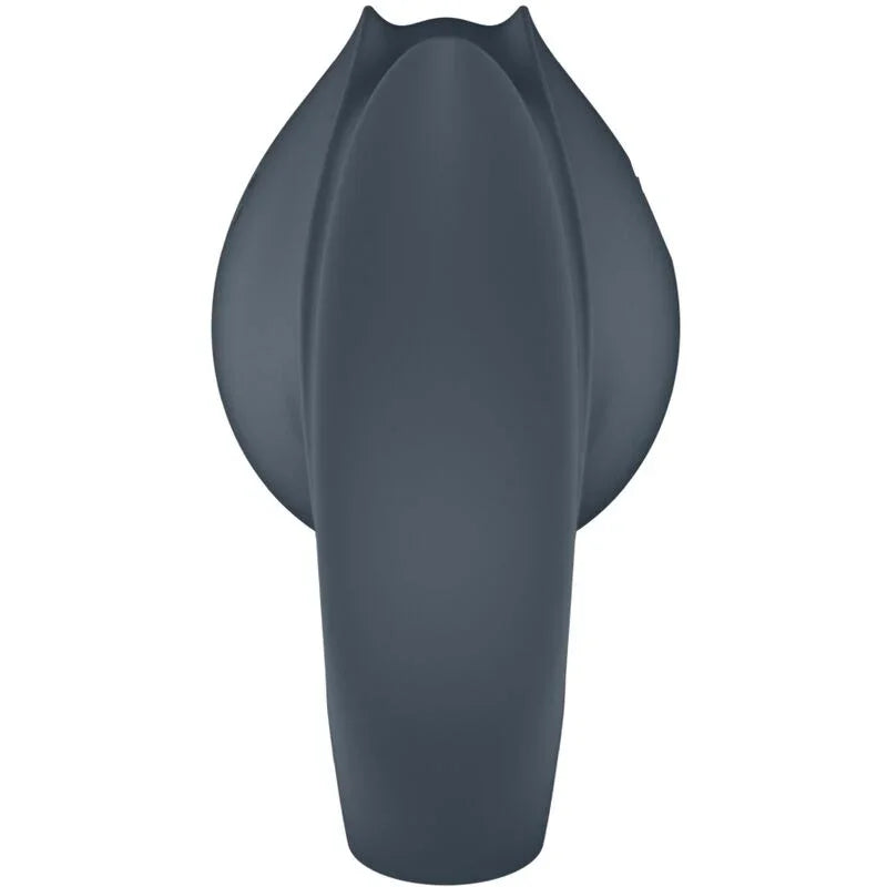 Anillo vibrador de dedo gris visto de perfil, diseño cilíndrico y abierto