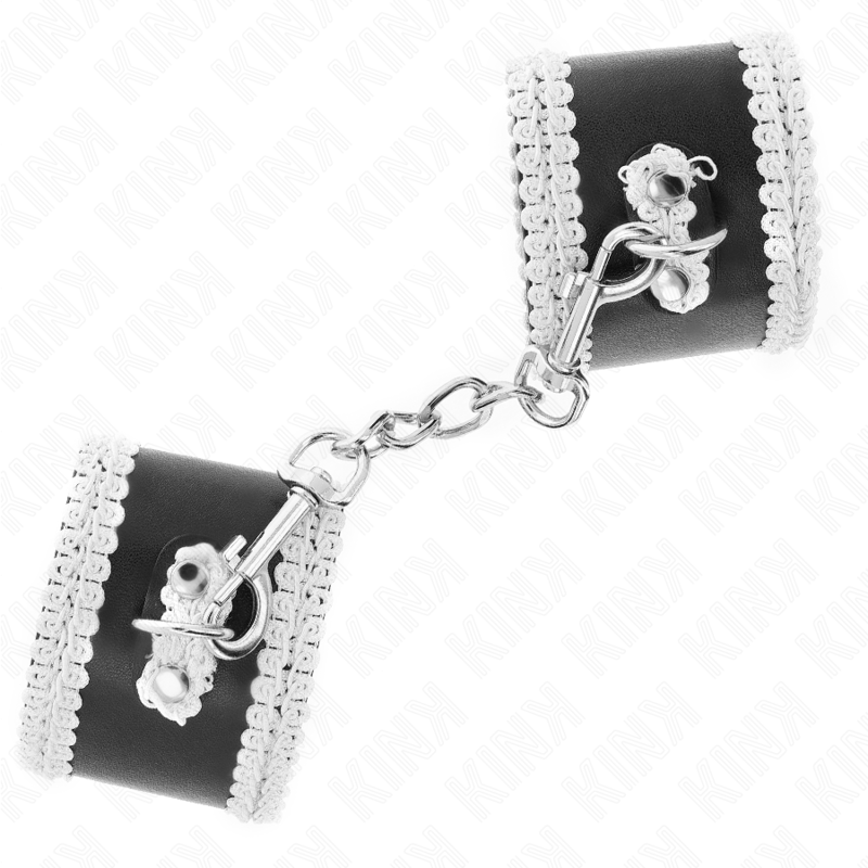 KINK - MUÑEQUERAS NEGRO CON ENCAJE DECORATIVO BLANCO AJUSTABLE 20-23 CM X 5.5 CM - Noctiva