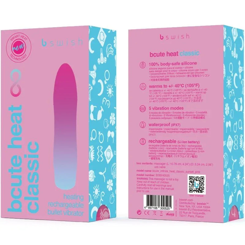 Caja del vibrador calentable rosa con texto de especificaciones en el panel trasero