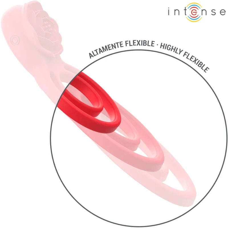 Dispositivo de estimulación rojo con cuerpo curvado y acabado liso en tono rosa.
