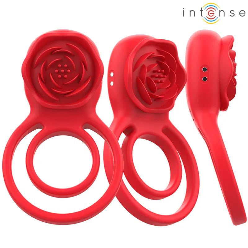 Dispositivo de estimulación rojo con anillo ovalado y base con relieve en forma de flor.