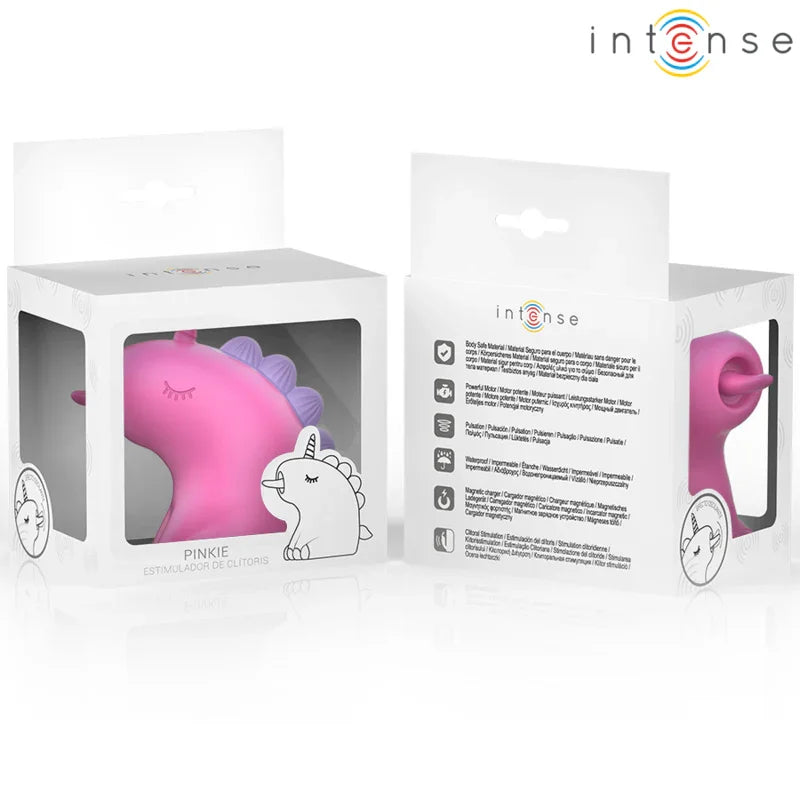 Estimulador unicornio rosa en caja con etiqueta informativa
