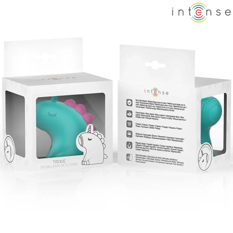 Estimulación de unicornio turquesa en su caja, con cargador y cable