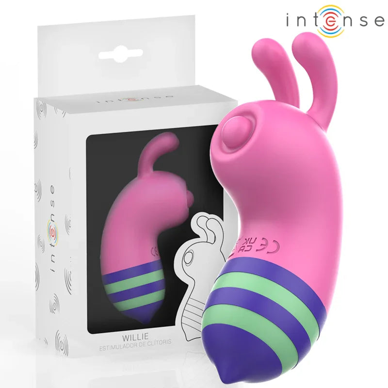 Estimulador vibrador rosa con dos aletas y franjas azul y verde, con caja INTENSE