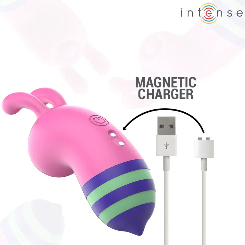 Estimulador vibrador rosa con franjas azul y verde y cargador magnético