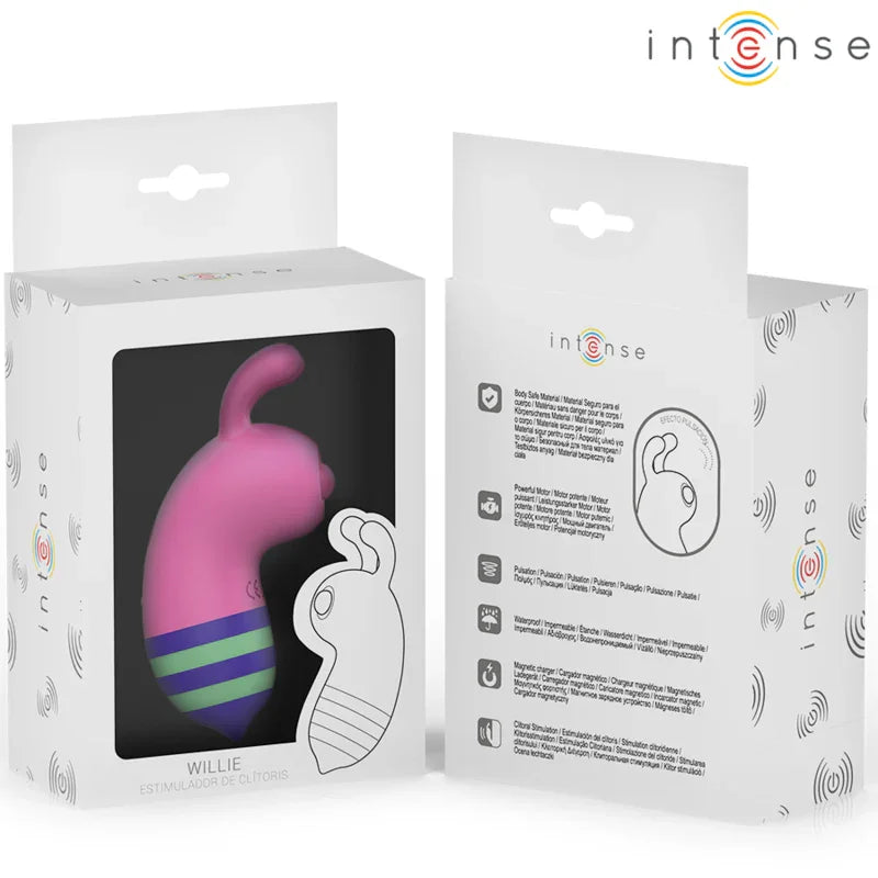 Caja de producto INTENSE con ilustración del estimulador rosa y funciones