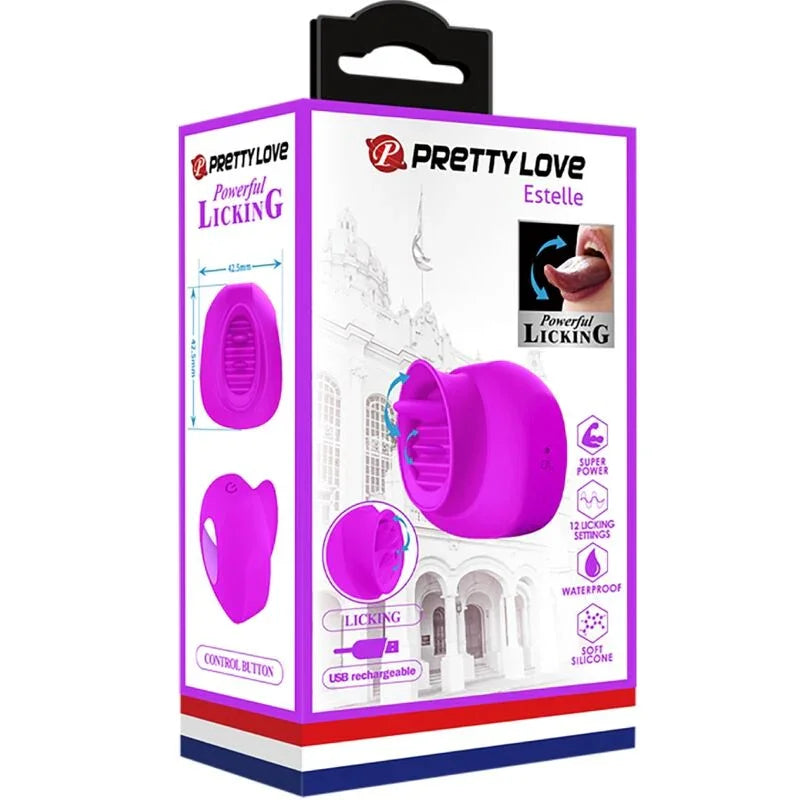 Caja del dispositivo de estimulación PRETTYLOVE Estelle morada con pictogramas y texto