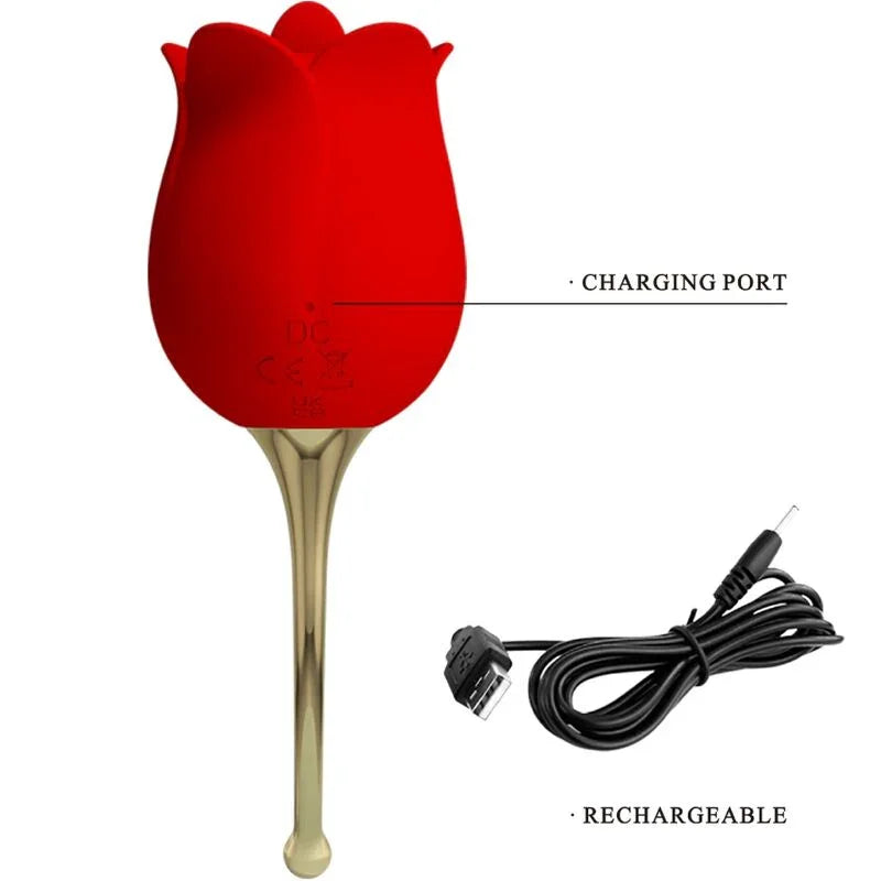 Estimulador de clítoris rojo PRETTY LOVE Rose Lover con puerto de carga y cable