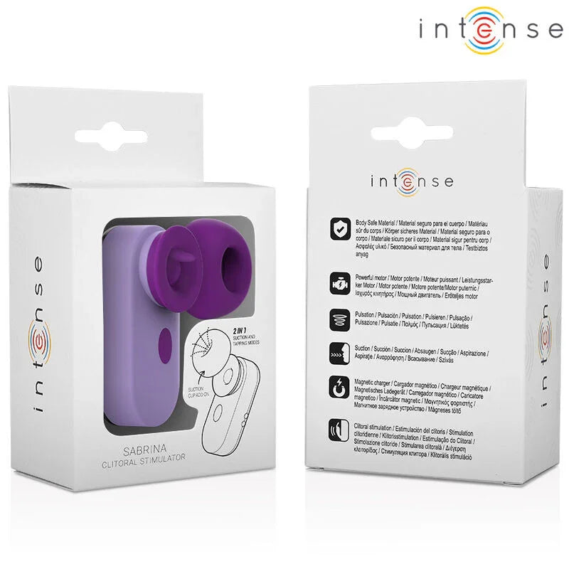 Set de estimulador de clítoris morado, caja frontal y posterior con especificaciones.