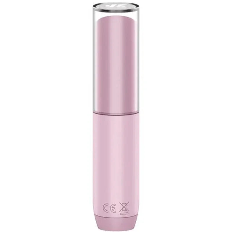 Cuerpo del vibrador de clítoris rosa con base inferior y marcas de certificación