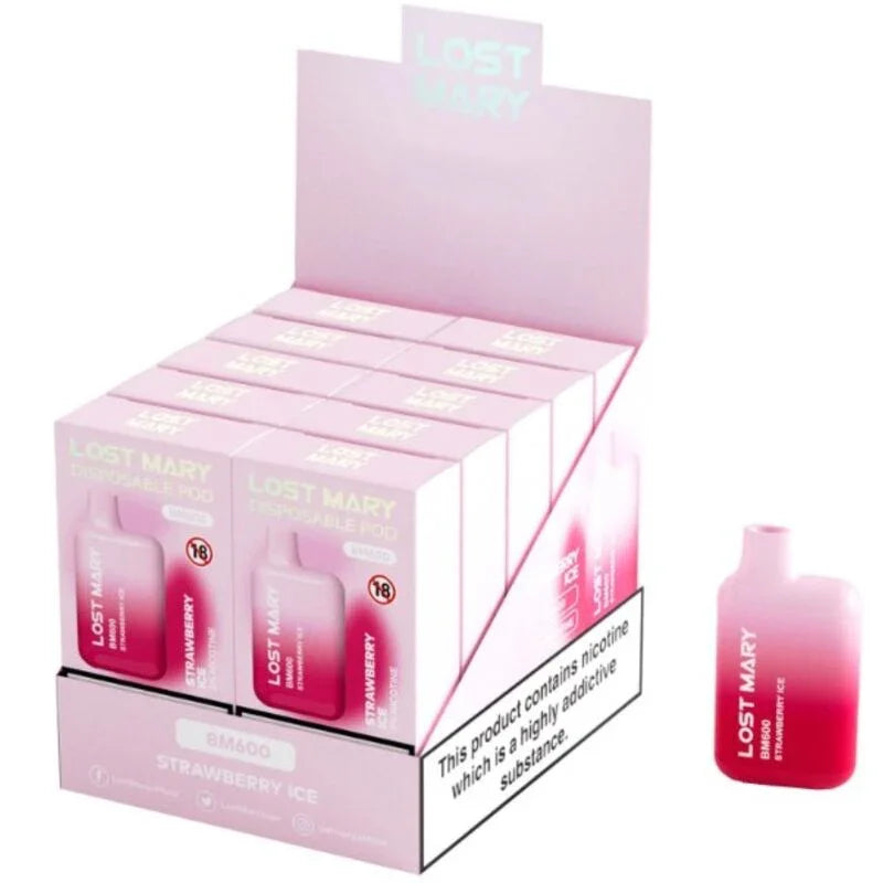 Caja y vaporizadores desechables LOST MARY rosa BM600 Strawberry Ice con embalaje
