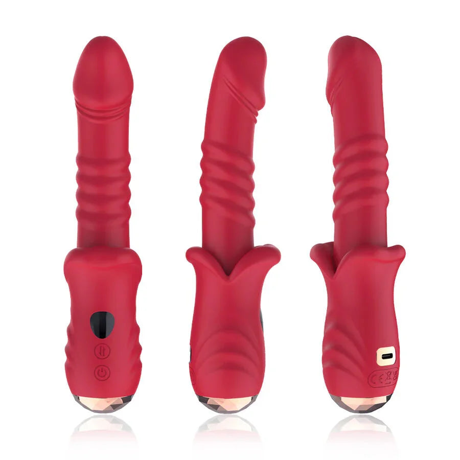 Pack de vibrador estimulador rojo: tres vistas del diseño con punta y base ancha.