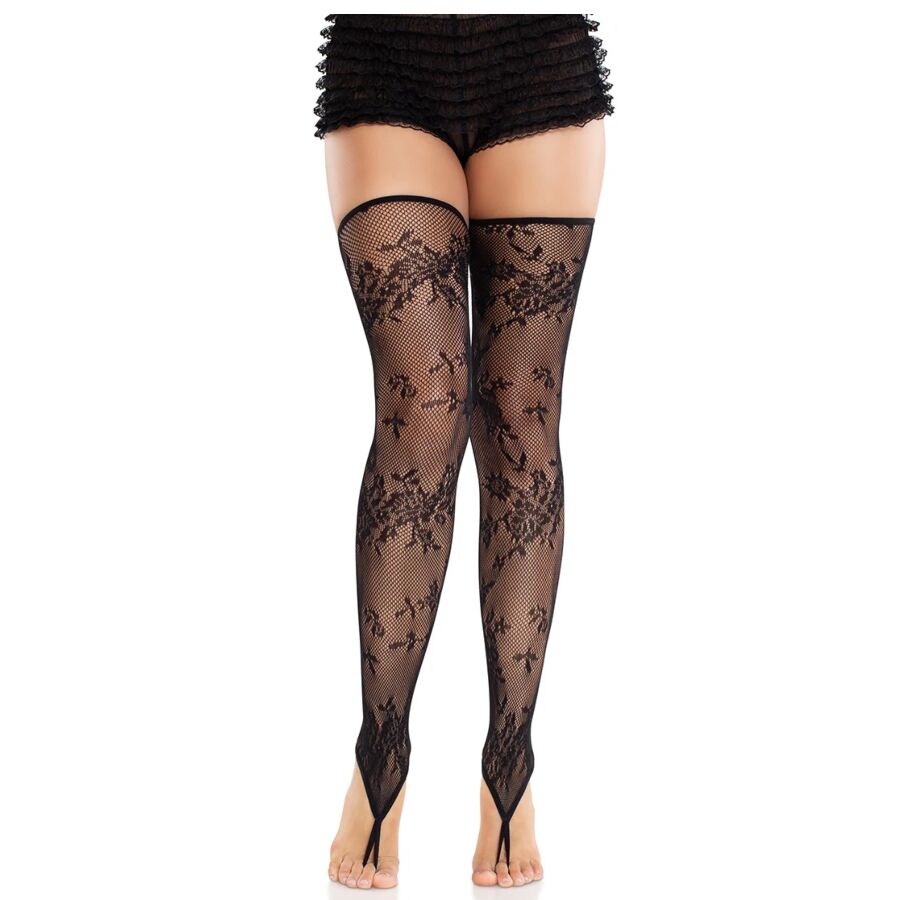 LEG AVENUE - MEDIAS SIN PIES DE ENCAJE FLORAL NEGRO - Noctiva