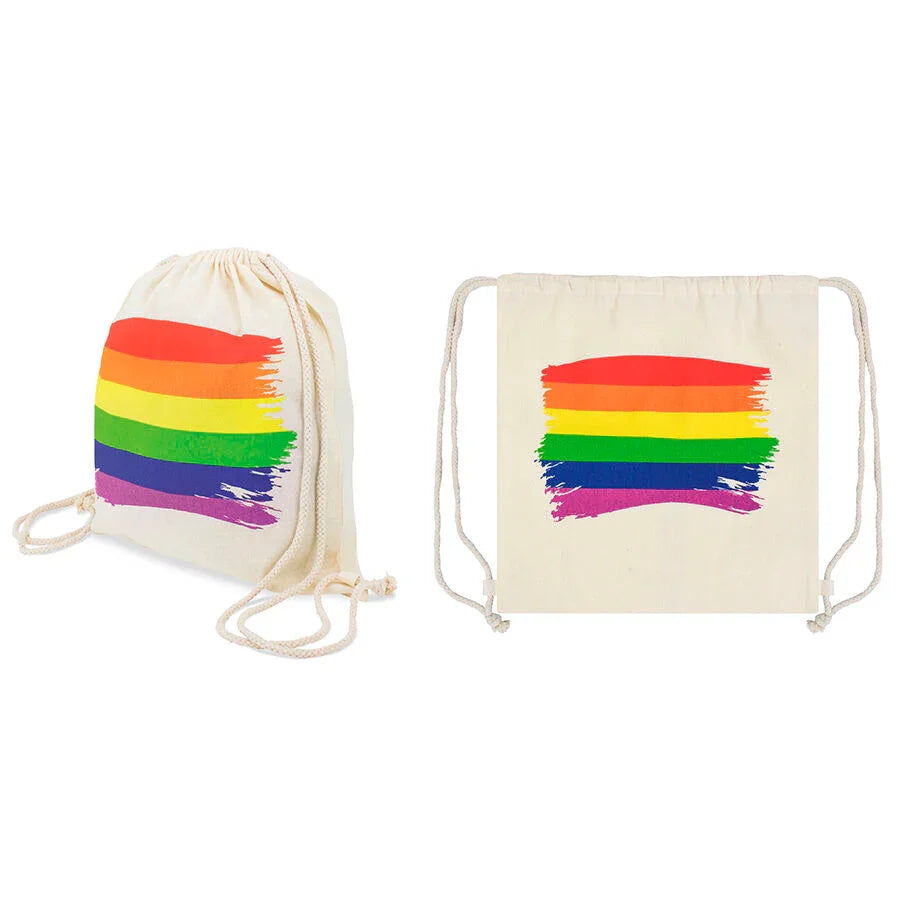 Mochila de algodón con estampado de bandera arcoíris Pride, dos vistas