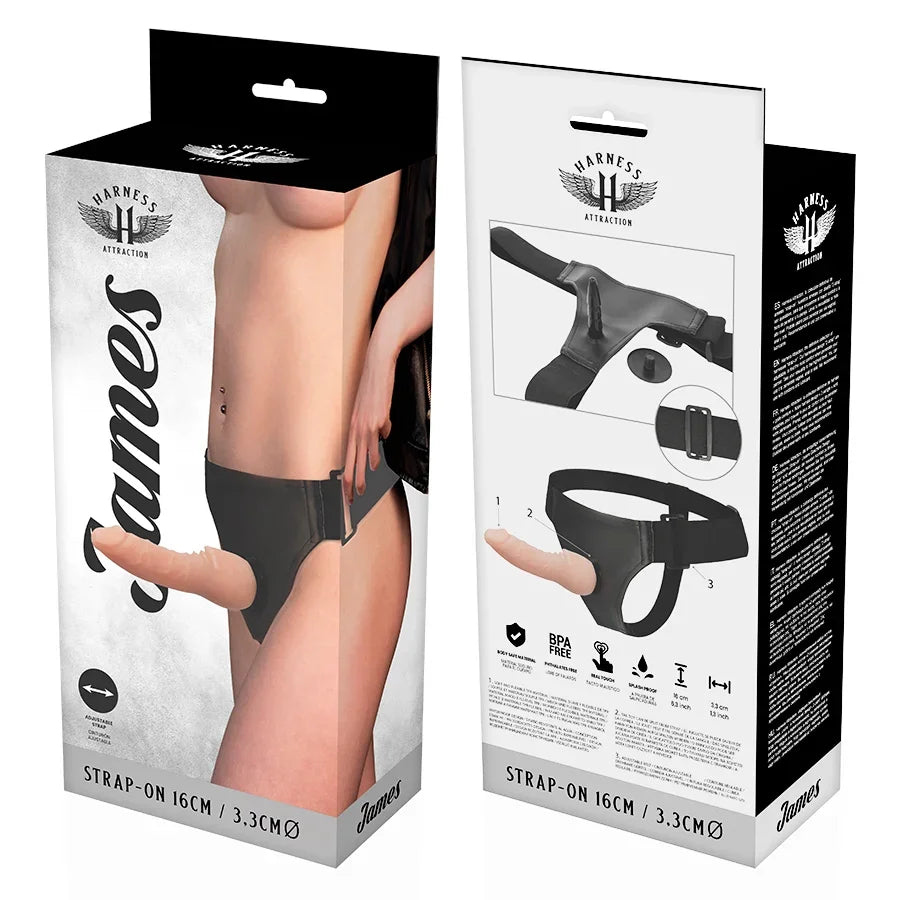 Pack de arnés negro en caja, con ilustración del diseño y medidas