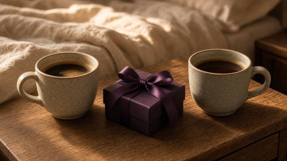 Dos tazas de café y una pequeña caja de regalo en la mesilla de noche, para la guía sobre cómo proponer juguetes sexuales a tu pareja