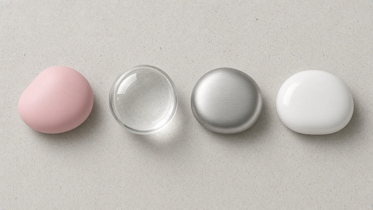 Muestras de silicona, cristal, metal y plástico ABS sobre piedra clara, para la guía de materiales de juguetes sexuales