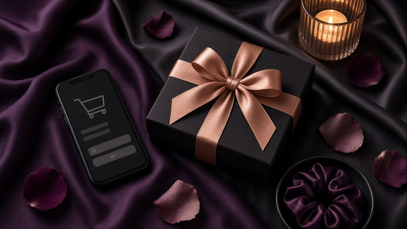 Caja de regalo negra con lazo dorado, móvil con carrito de compra y vela encendida para la guía de Black Friday de juguetes sexuales