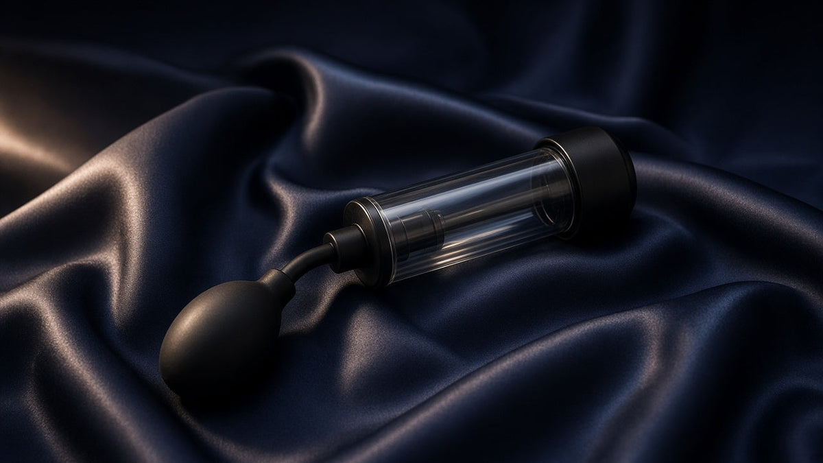 Bomba de vacío para el pene con cilindro transparente y pera manual negra sobre satén azul oscuro