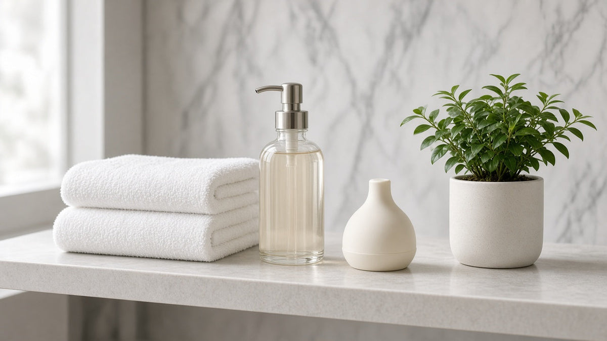 Estante de baño con toallas blancas, dispensador de jabón y planta para la guía de ducha anal