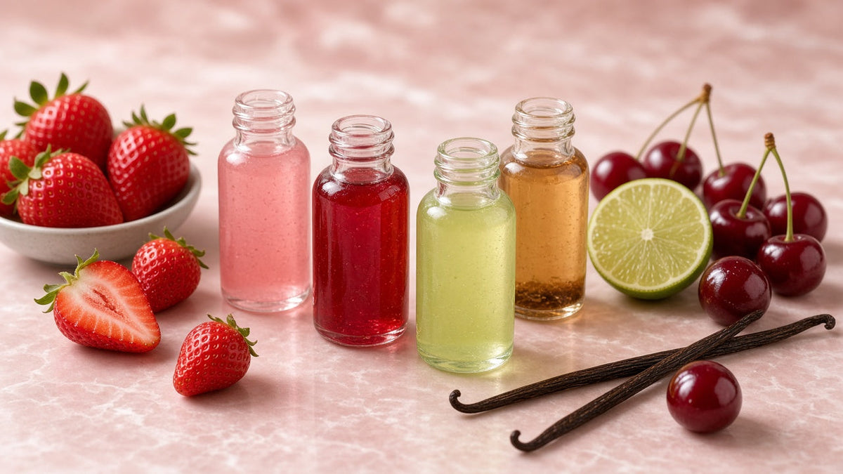 Frascos de lubricante con sabores junto a fresas, cerezas, lima y vainilla