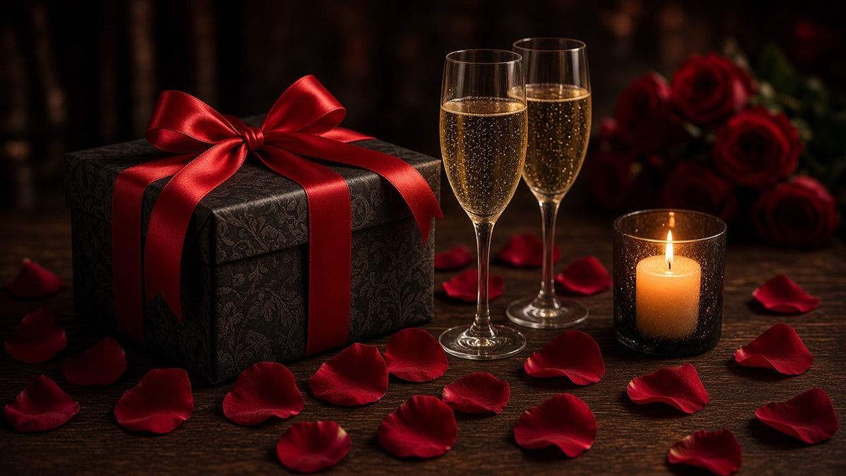 Caja de regalo negra con lazo rojo, dos copas de cava, vela y pétalos de rosa para un aniversario en pareja