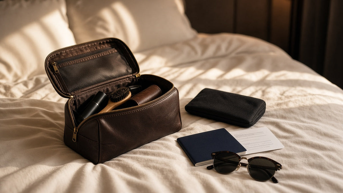Neceser de viaje abierto sobre una cama con pasaporte, funda negra y gafas de sol