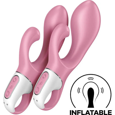 Conejito inflable rosa de dos puntas con base plateada y controles