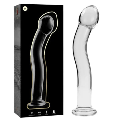 Dildo de cristal transparente con base acanalada y caja negra