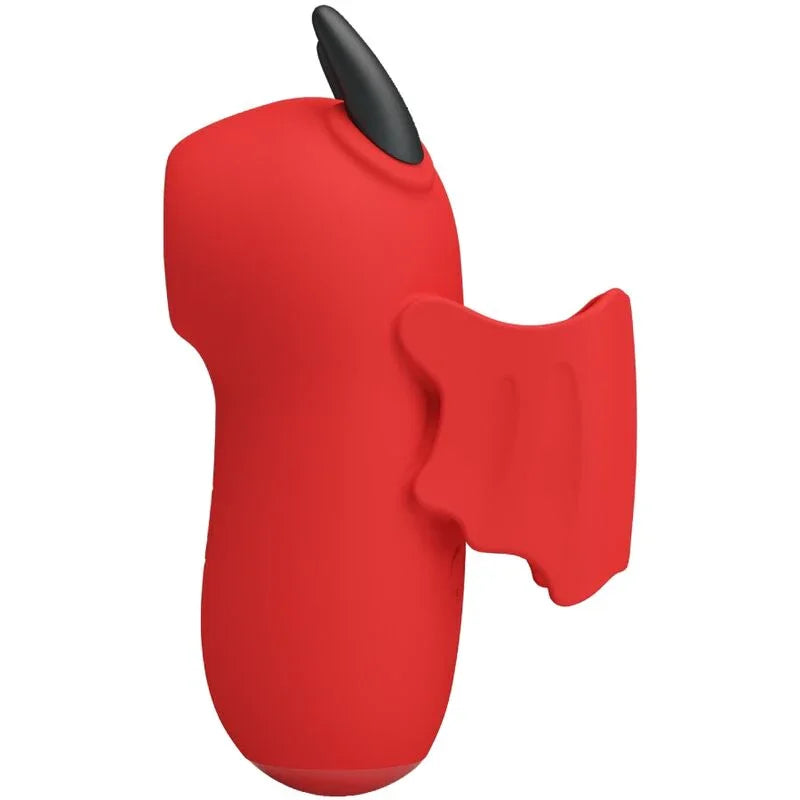 Estimulador rojo con forma de conejo; vista lateral del cuerpo y cola