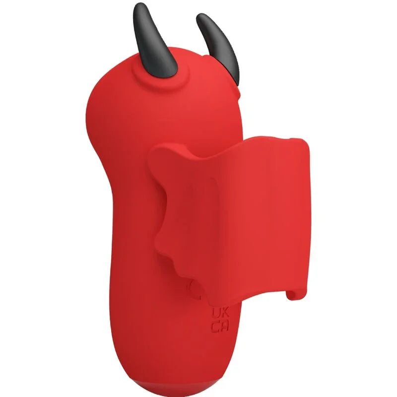 Estimulador rojo con forma de conejo; vista trasera con marcas en la base