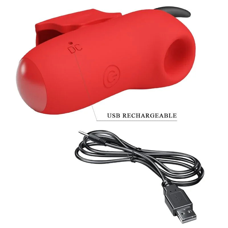 Estimulador rojo con forma de conejo; recarga por USB con cable