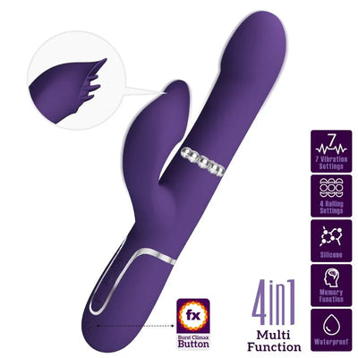 Vibrador tipo conejo morado con perlas plateadas, diseño 4 en 1 y doble mango