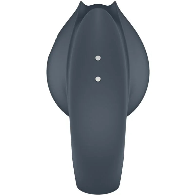 Anillo vibrador gris de silicona visto desde atrás con dos puntos de control