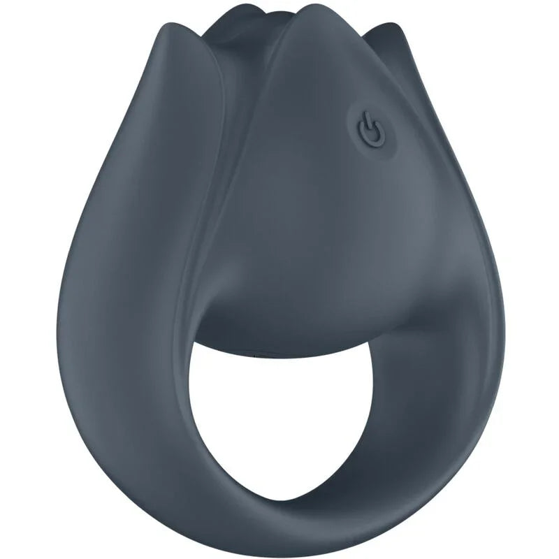 Anillo vibrador gris de silicona con botón de encendido en la zona frontal
