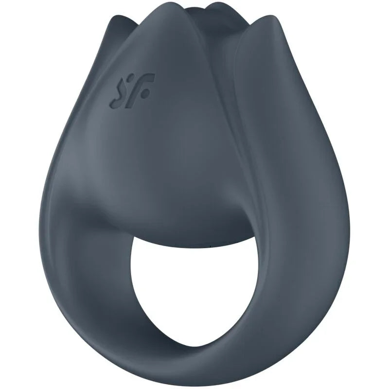 Anillo vibrador gris con logo frontal y abertura en forma de gota