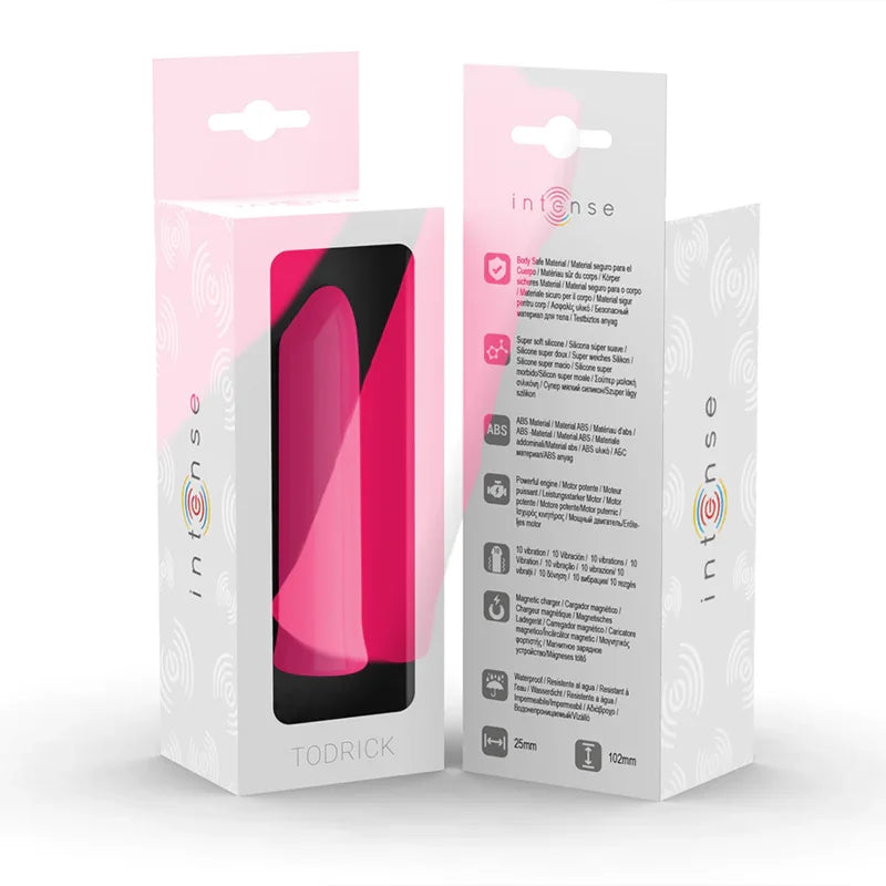 Bala estimuladora rosa en caja, vista frontal y trasera con datos