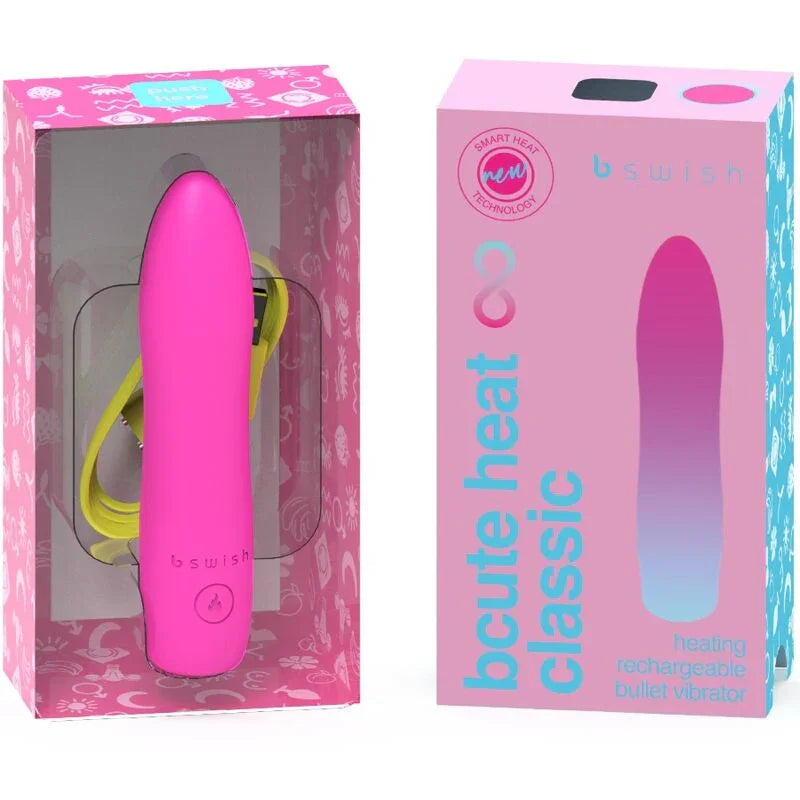 Vibrador calentable rosa en caja, con forma de bala y panel frontal de empaque