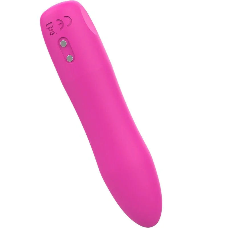 Vibrador calentable rosa con punta redondeada y detalles en la parte superior