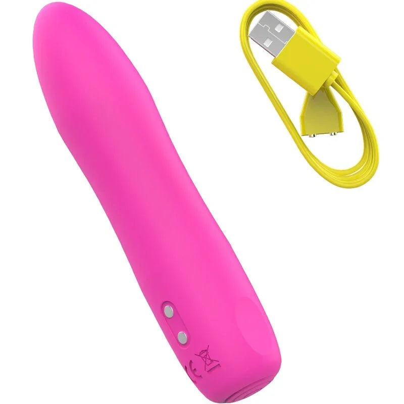 Vibrador calentable rosa y cable de carga amarillo con conector USB